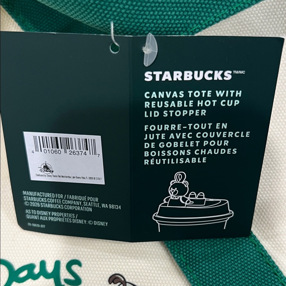 Starbucks/Disneyland Cream Canvas Tote with Green Straps and Brown Base - Picture 9 of 9